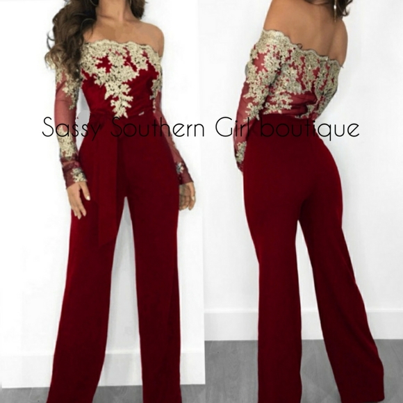 🆕⭐ Wine red gold lace off shoulder jumpsuit - Picture 1 of 9